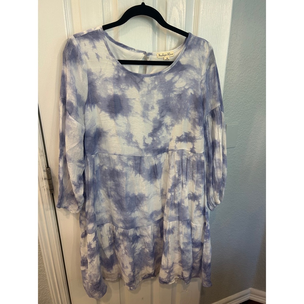 Indigo Rose‎ Babydoll Dress Blue Tie Dye Tiered Long Sleeve Boho Cloud Print 1X